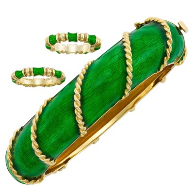 Lot 55 - Pair of Gold and Green Enamel Bamboo Band Rings, Martine, and Gold and Green Enamel Bangle Bracelet