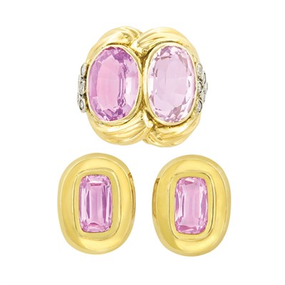 Lot 371 - Two-Color Gold, Pink Topaz, Kunzite and Diamond Ring and Pair of Gold and Pink Topaz Earclips