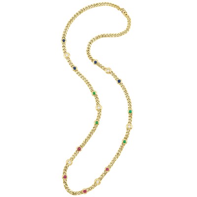 Lot 331 - Long Gold, Diamond, Ruby, Sapphire and Emerald Chain Necklace