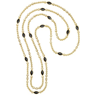Lot 373 - Pair of Long Gold, Black Onyx and Diamond Chain Necklaces