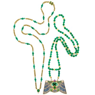 Lot 80 - Gold, Emerald, Chalcedony Bead and Diamond Chain Necklace, Van Cleef & Arpels, and Egyptian Revival Pendant-Necklace