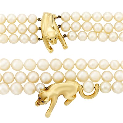 Lot 383 - Triple Strand Gold and Cultured Pearl Panther Necklace