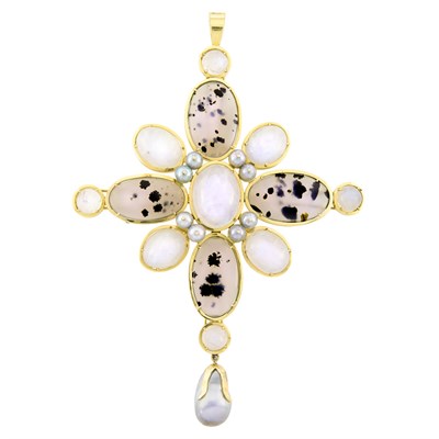 Lot 374 - Gold, Labradorite, Cultured Pearl and Moss Agate Pendant-Brooch, Tony Duquette