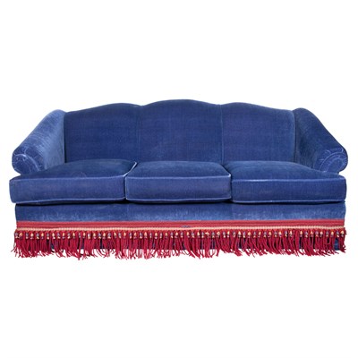 Lot 620 - Blue Upholstered Sofa with Tasseled Fringe...