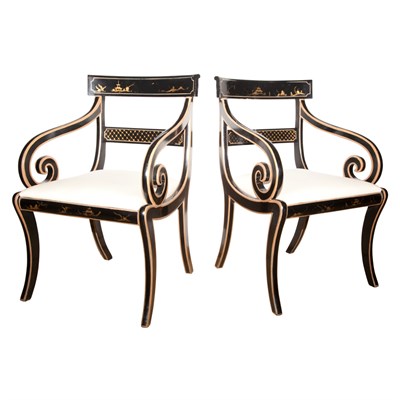 Lot 297 - Pair of Regency Style Black Painted and Gilt...