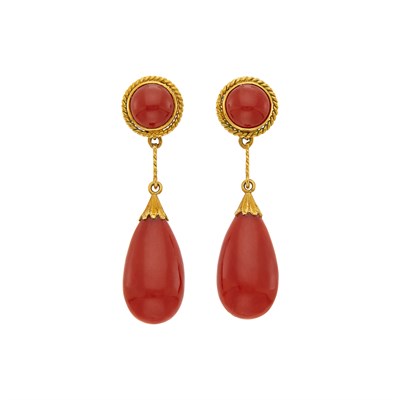 Lot 16 - Pair of Gold and Oxblood Coral Pendant-Earrings