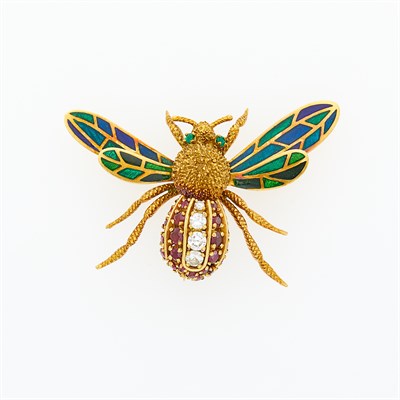 Lot 1166 - Gold, Enamel, Diamond and Ruby Bee Brooch