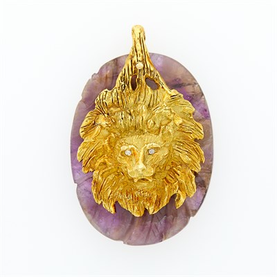Lot 1111 - Carved Amethyst, Gold and Diamond Lion Pendant