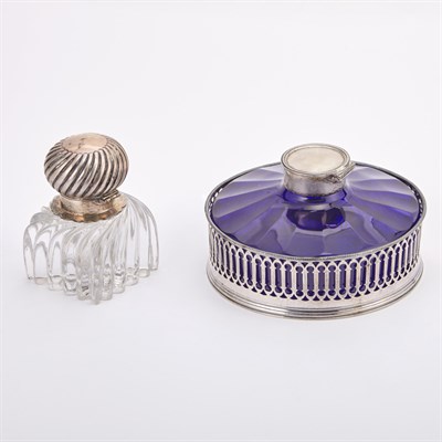 Lot 409 - English Silver Mounted Blue Glass Inkwell;...