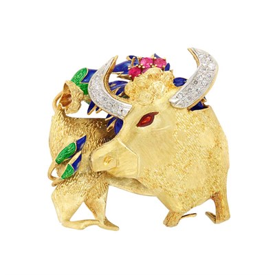 Lot 400 - Two-Color Gold, Diamond, Ruby and Enamel Bull Clip-Brooch