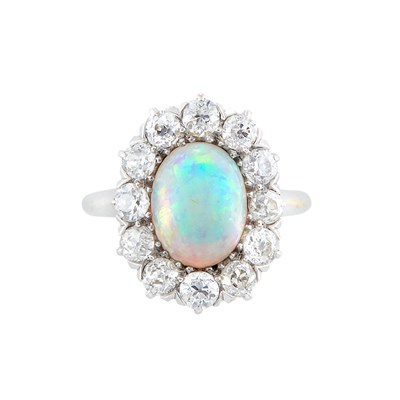 Lot 13 - Antique Rhodium-Plated Gold, Opal and Diamond Ring