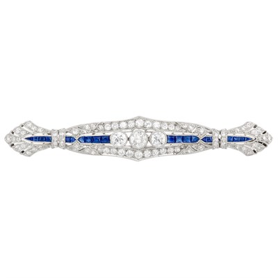 Lot 176 - Art Deco Platinum, Diamond, Sapphire and Synthetic Sapphire Bar Pin