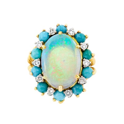 Lot 38 - Two-Color Gold, Opal, Turquoise and Diamond Ring
