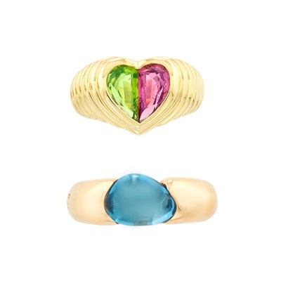 Lot 244 - Rose Gold and Cabochon Blue Topaz Ring, Pomellato and Gold, Peridot and Pink Tourmaline Heart Ring, Bulgari