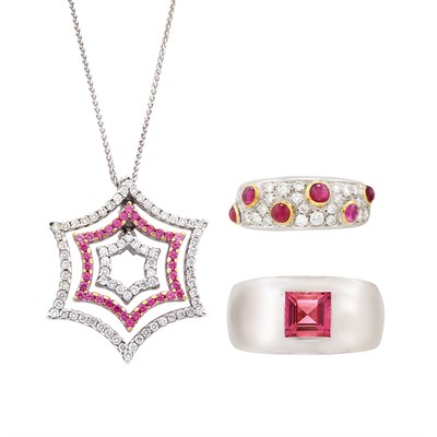 Lot 160 - Ruby and Diamond Ring, Picchiotti, Pink Tourmaline Ring, Chaumet, Paris and Diamond and Pink Sapphire Pendant with Chain