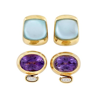 Lot 34 - Pair of Gold, Amethyst and Diamond Earclips and Pair of Gold, Mother-of-Pearl and Rock Crystal Earrings