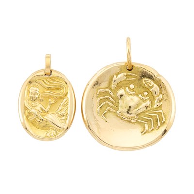 Lot 84 - Gold 'Virgo' Zodiac Charm Pendant, Cartier, France and Gold 'Cancer' Zodiac Pendant, Van Cleef & Arpels, France