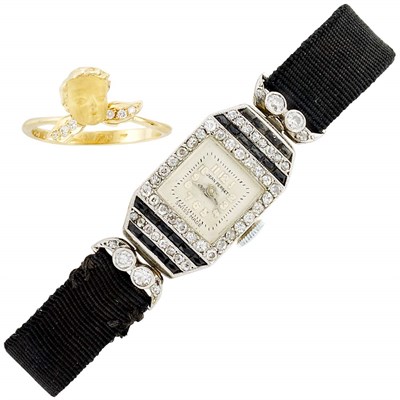 Lot 63 - Art Deco Platinum, Gold, Diamond and Black Onyx Wristwatch and Gold and Diamond Angel Ring