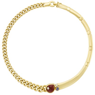 Lot 29 - Gold, Cabochon Garnet, Diamond and Sapphire Necklace, Manfredi