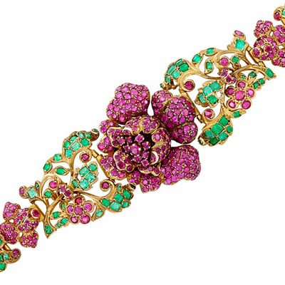 Lot 134 - Gold, Ruby and Emerald Floral Bracelet