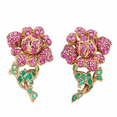 Lot 135 - Pair of Gold, Ruby and Emerald Flower Earrings