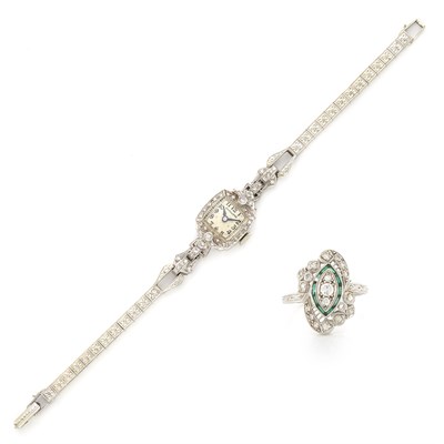 Lot 1262 - Platinum, Diamond and Emerald Ring and White Gold and Diamond Wristwatch, Hamilton
