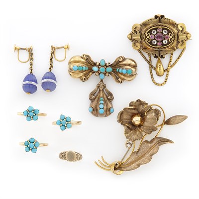 Lot 1244 - Gold, Amethyst and Glass Brooch, Group of Turquoise Jewely and Gold and Low Karat Gold Jewelry