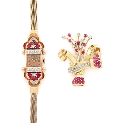 Lot 1429 - Gold, Synthetic Ruby and Diamond Wristwatch and Brooch