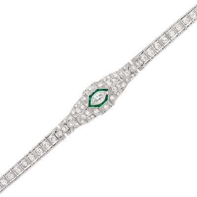 Lot 118 - Platinum, Diamond and Simulated Emerald Bracelet