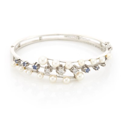 Lot 1347 - White Gold, Cultured Pearl, Sapphire and Diamond Bangle Bracelet