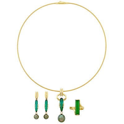 Lot 293 - Gold, Tourmaline, Black Cultured Pearl and Diamond Necklace, Pair of Earrings and Ring, Troels D. Larsen