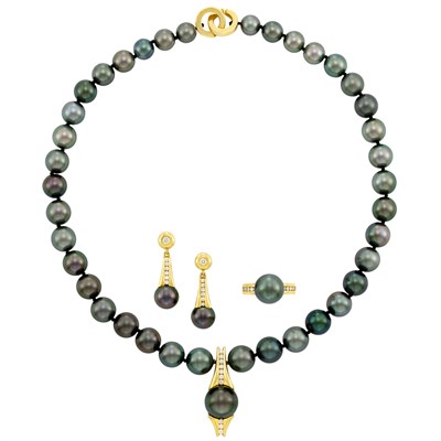 Lot 302 - Tahitian Black Cultured Pearl, Gold and Diamond Necklace, Ring and Pair of Earrings, Troels D. Larsen