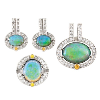Lot 185 - Two-Color Gold, Opal, Fancy-Colored Diamond and Diamond Ring, Pendant and Pair of Earrings, Luciano Bortune