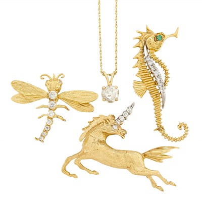 Lot 88 - Three Two-Color Gold, Diamond and Emerald Animal Pins and Gold and Diamond Pendant with Chain Necklace