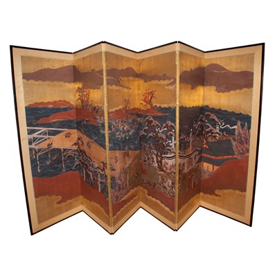 Lot 230 - Japanese Painted Paper Six-Panel Screen Height...