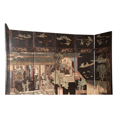 Lot 372 - Chinese Black Lacquered Six-Panel Screen...