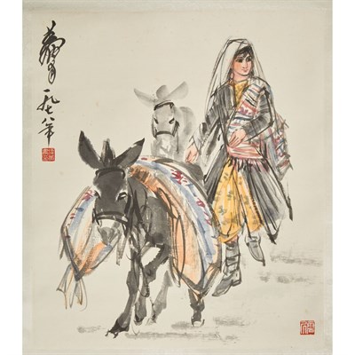 Lot 224 - Huang Zhou (1925-1997) Hanging scroll, girl...