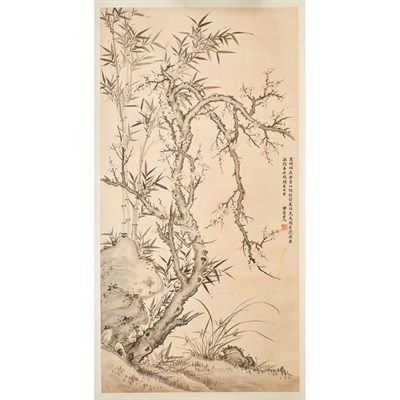 Lot 201 - Cao Qun (1862-1938) Hanging scroll, prunus and...