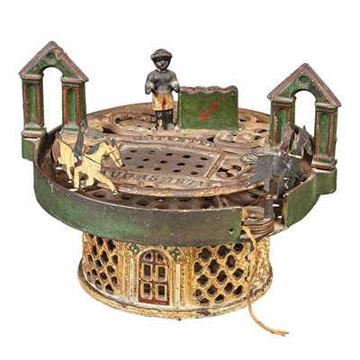 Lot 1052 - Horse Race Metal Bank Straight Base Cast iron...