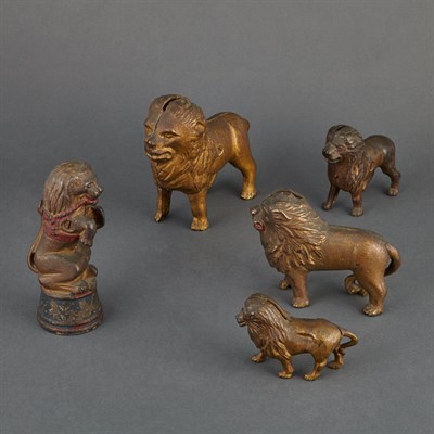 Lot 1053 - Group of Five Standing Lion Still Banks One...