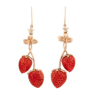 Lot 54 - Pair of Rose Gold, Carved Coral, Diamond and Green Garnet Strawberry Pendant-Earrings