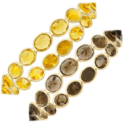 Lot 23 - Pair of Rose Gold, Gold, Smoky Quartz and Citrine Bangle Bracelets