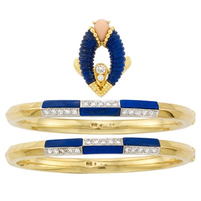 Lot 45 - Gold, Carved Lapis, Coral and Diamond Ring, Fred, and Pair of Gold, Lapis and Diamond Bangle Bracelets