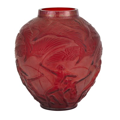 Lot 276 - R. Lalique Molded Glass Red Archers Vase...