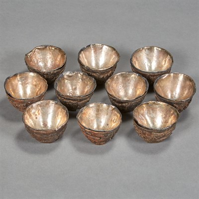 Lot 99 - Set of Ten Chinese Silver Lined Coconut Wine...