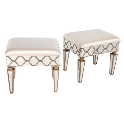 Lot 357 - Pair of Mirrored and White Upholstered Stools...