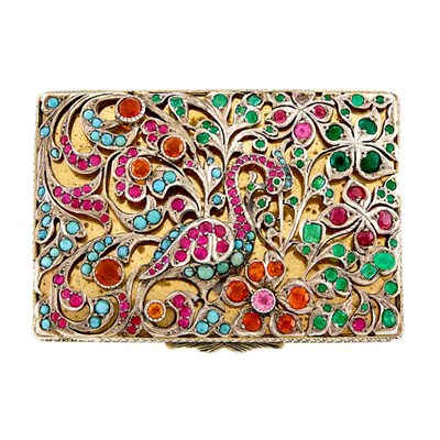 Lot 41 - Gilt Silver, Emerald, Turquoise and Multicolored Stone and Synthetic Ruby Peacock Compact