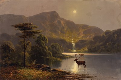 Lot 19 - American School 19th Century Deer in a Moonlit...