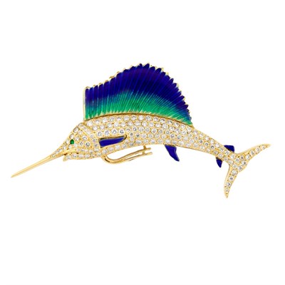 Lot 325 - Gold, Enamel, Diamond and Emerald Swordfish Pin