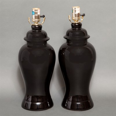 Lot 287 - Pair of Chinese Black Glazed Porcelain Lamps...